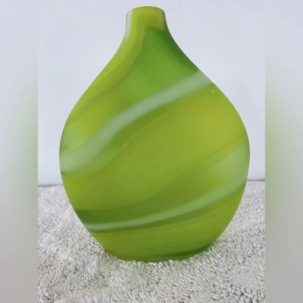 CRATE & BARREL Frosted Glass LIMA Vase Greens White Swirl 11